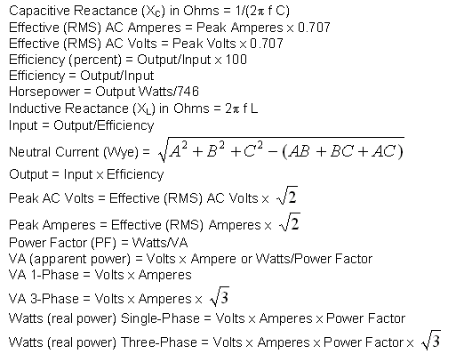 Basic Electrical Formulas Chart