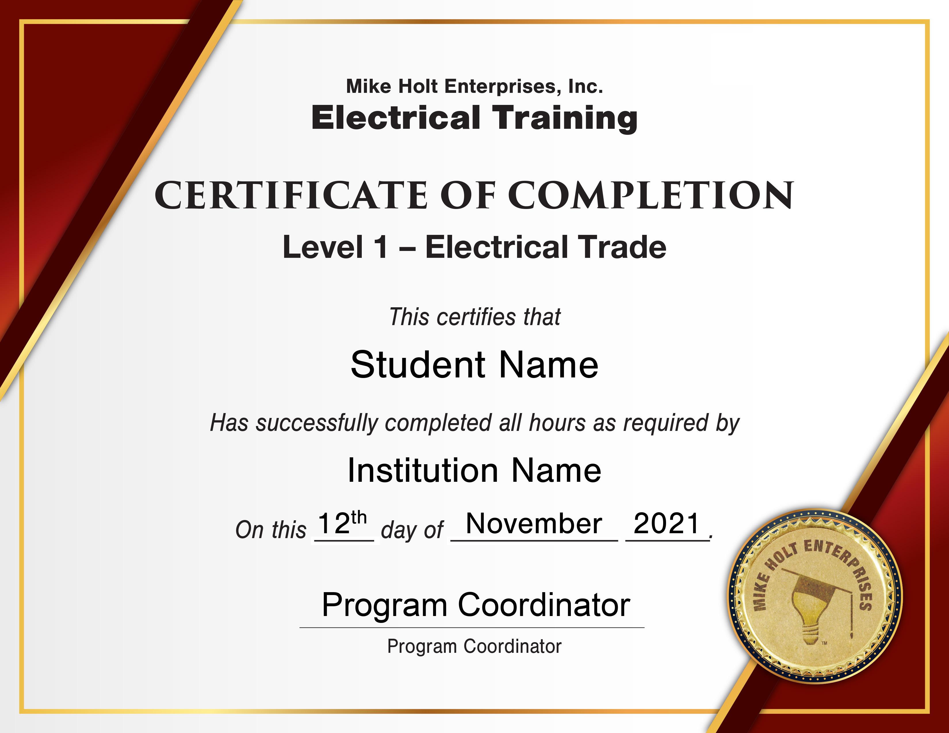 Certificate of Completion for Level 1